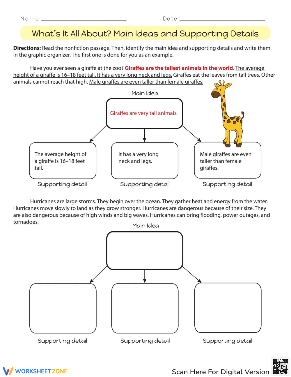 Main Idea & Supporting Details Worksheet - Page 1