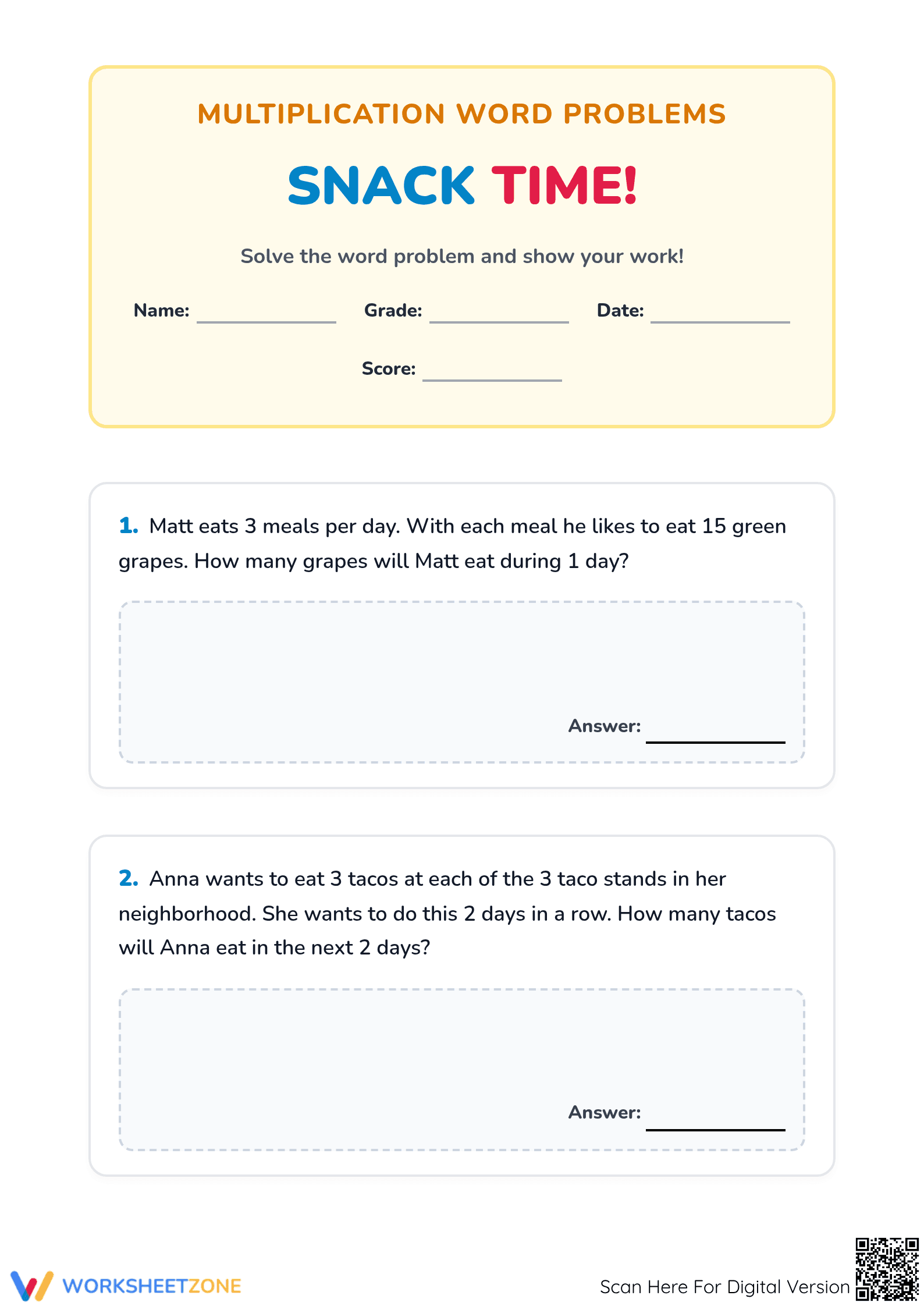 Snack Time Multiplication: Printable Grade 3 Math Worksheet - Page 1