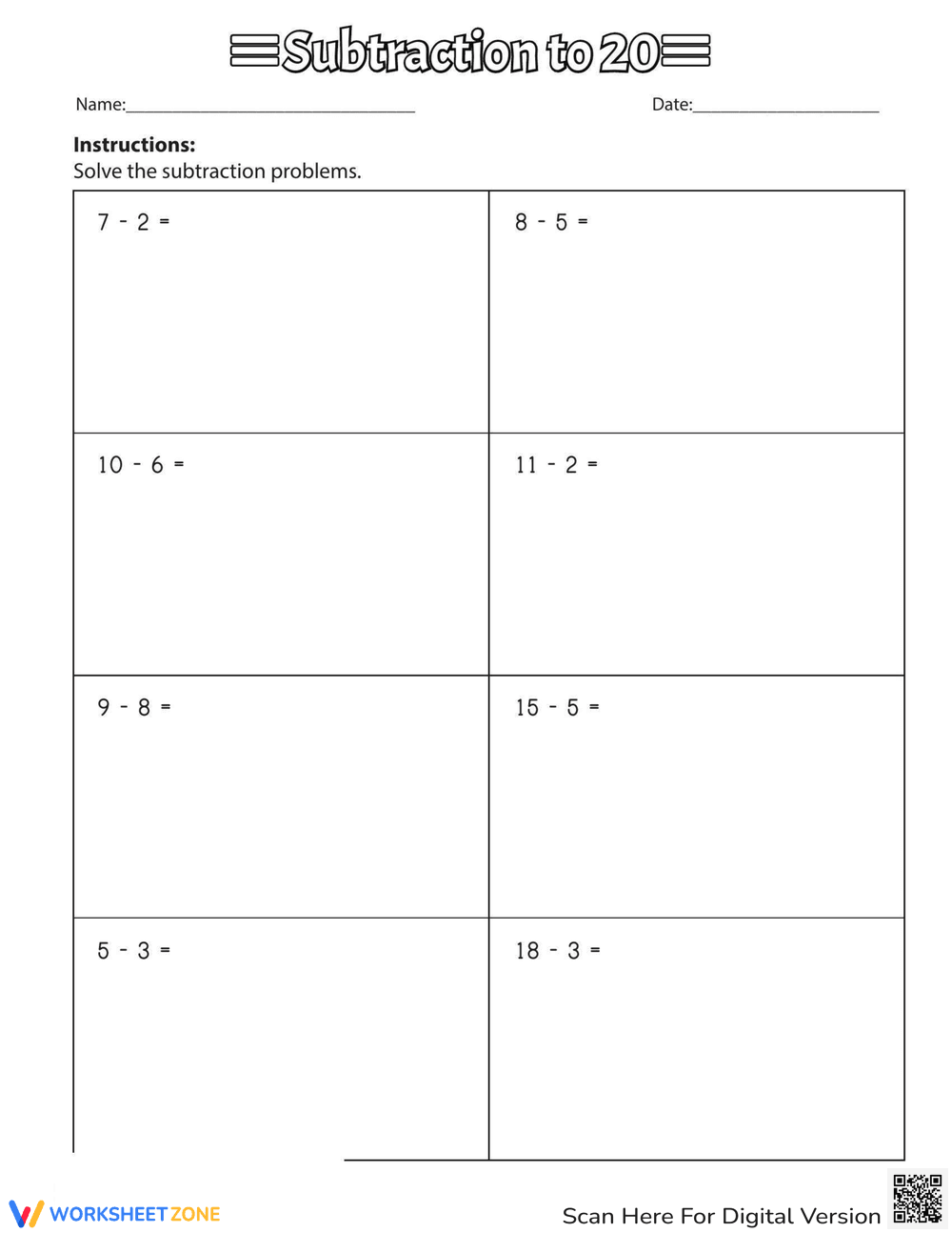 Subtraction to 20 Practice Worksheet - Page 1