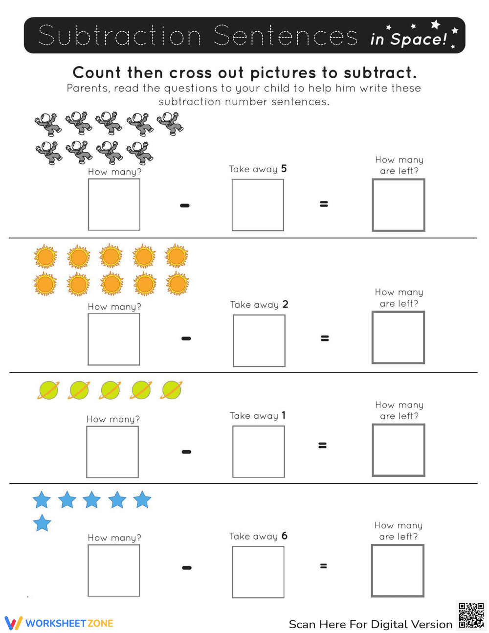 Space Subtraction Number Sentences - Page 1