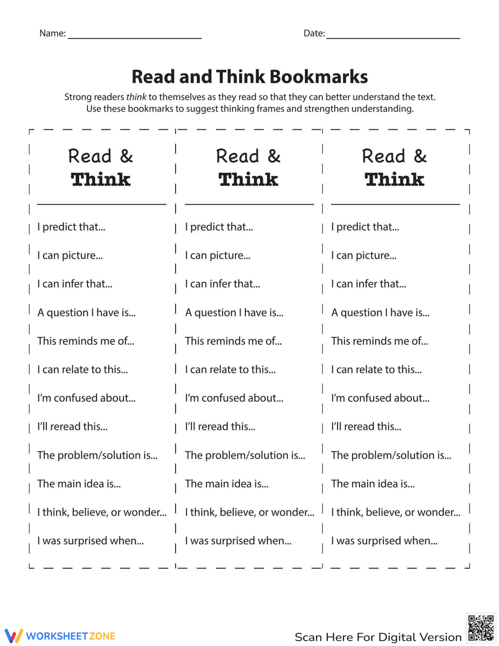 Read and Think Bookmarks: Worksheet - Page 1