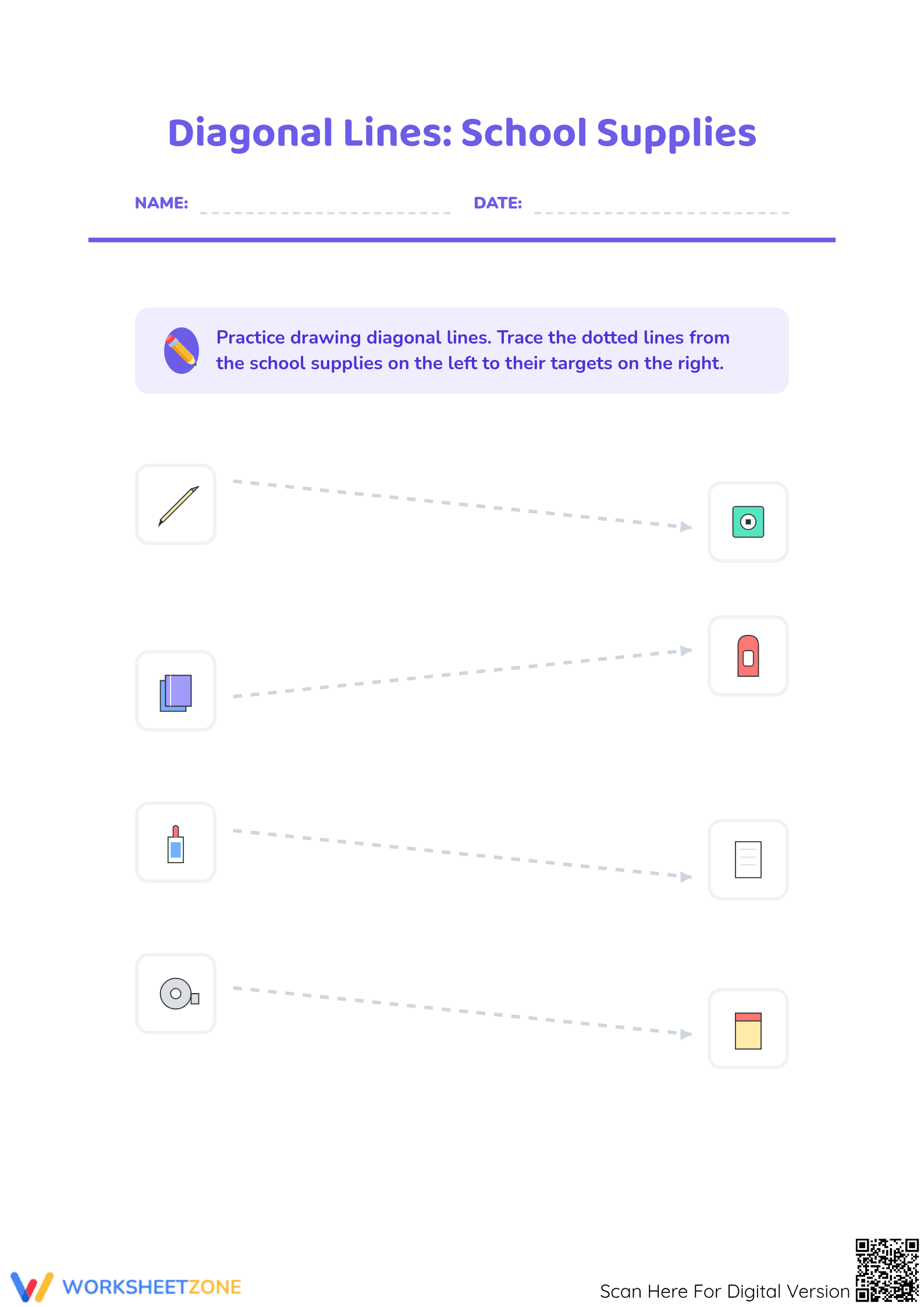 Diagonal Lines: School Supplies Printable Worksheet | Ready - Page 1