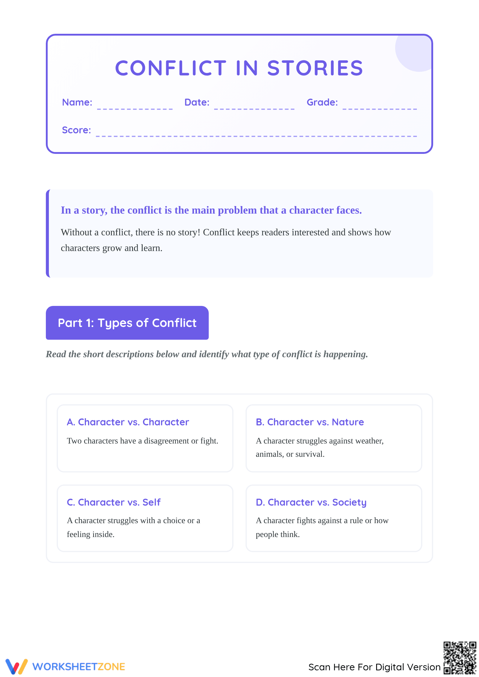 Printable Conflict in Stories Worksheet | Grade 3 Aligned - Page 1