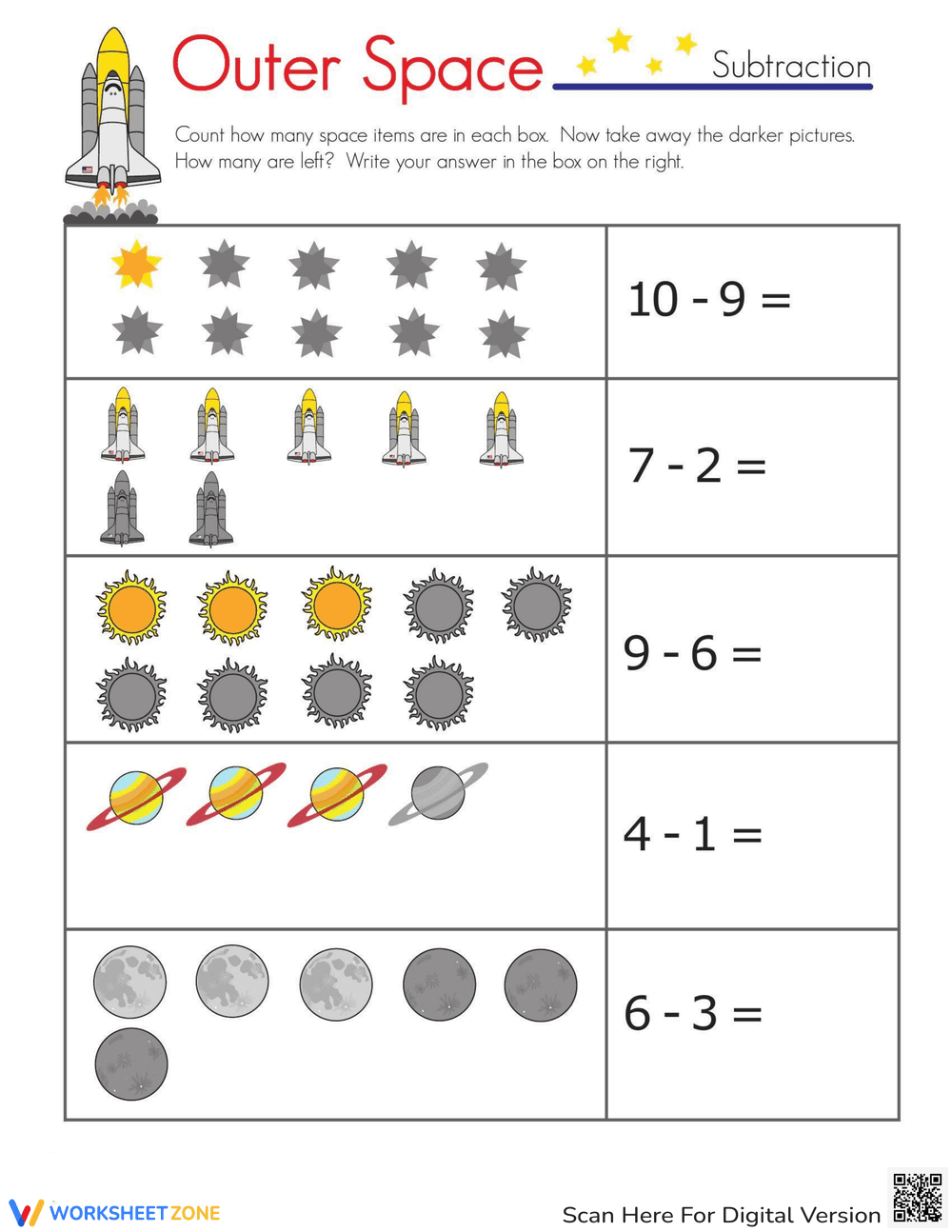 Space Item Subtraction: Math Adventure - Page 1