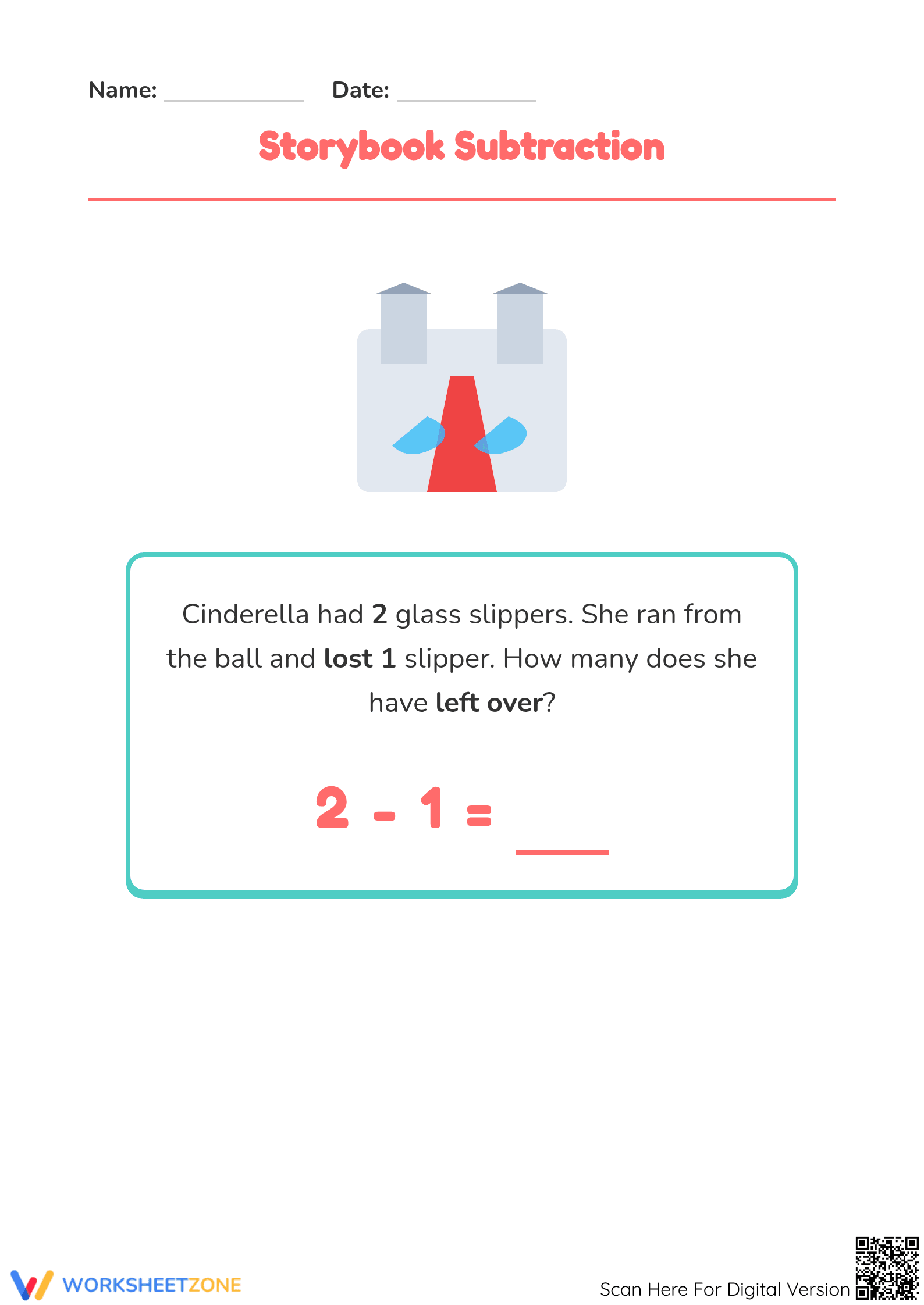 Cinderella Math Subtraction: Essential Grade K Worksheet - Page 1