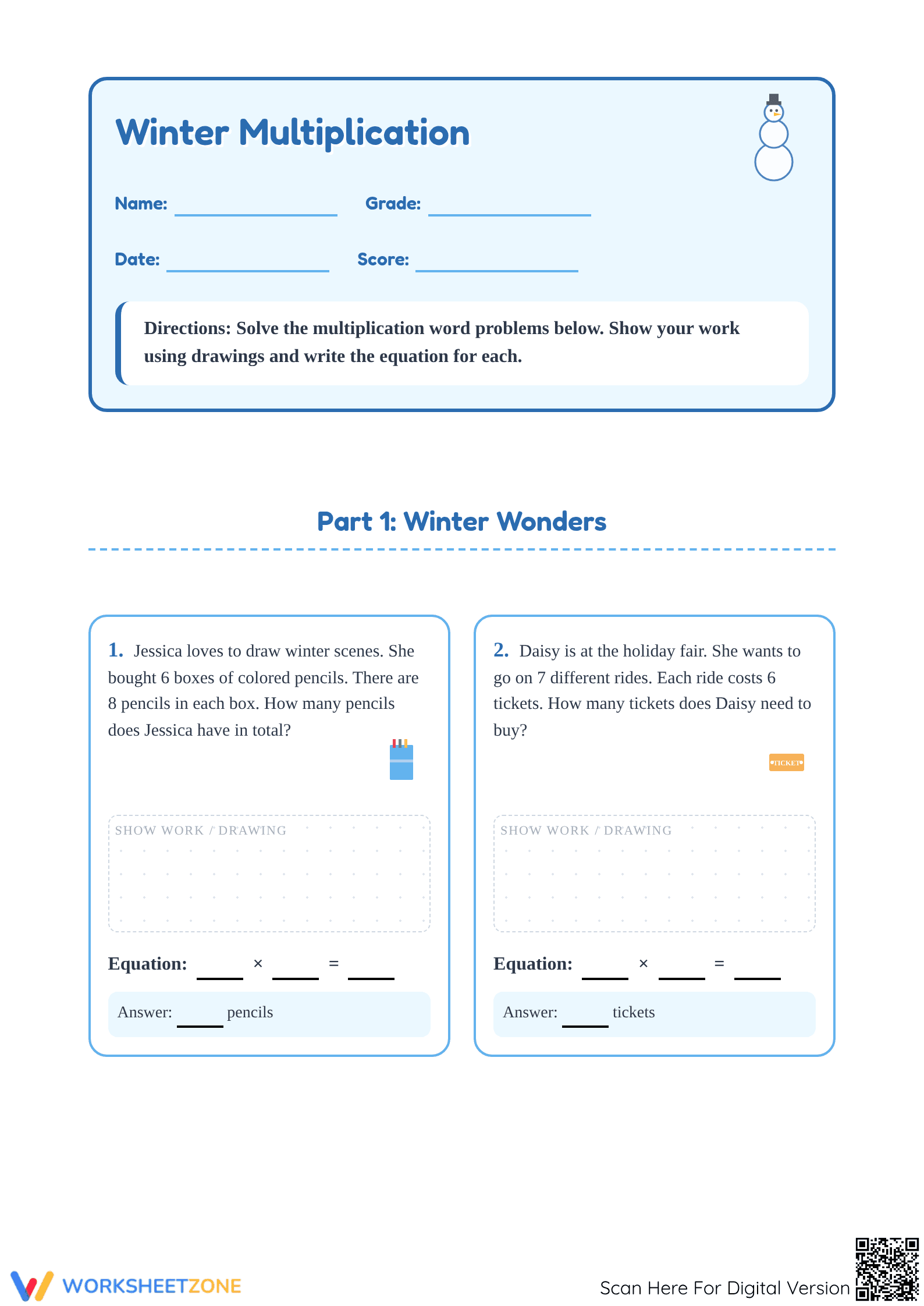 Winter Multiplication Word Problems | Grade 3 Printable - Page 1