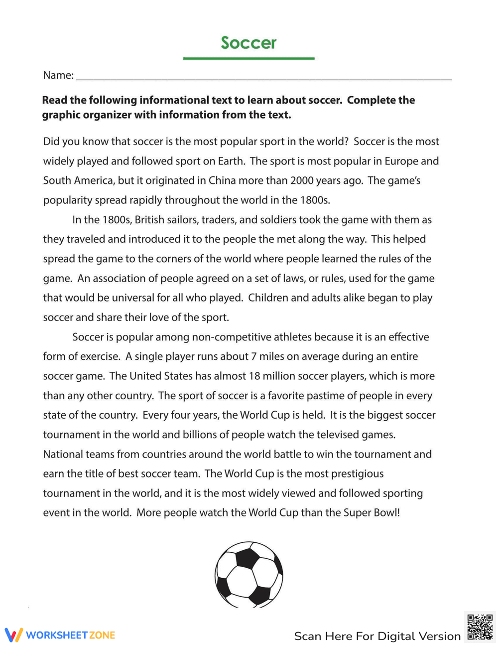 Soccer Nonfiction: Informational Text Worksheet - Page 1