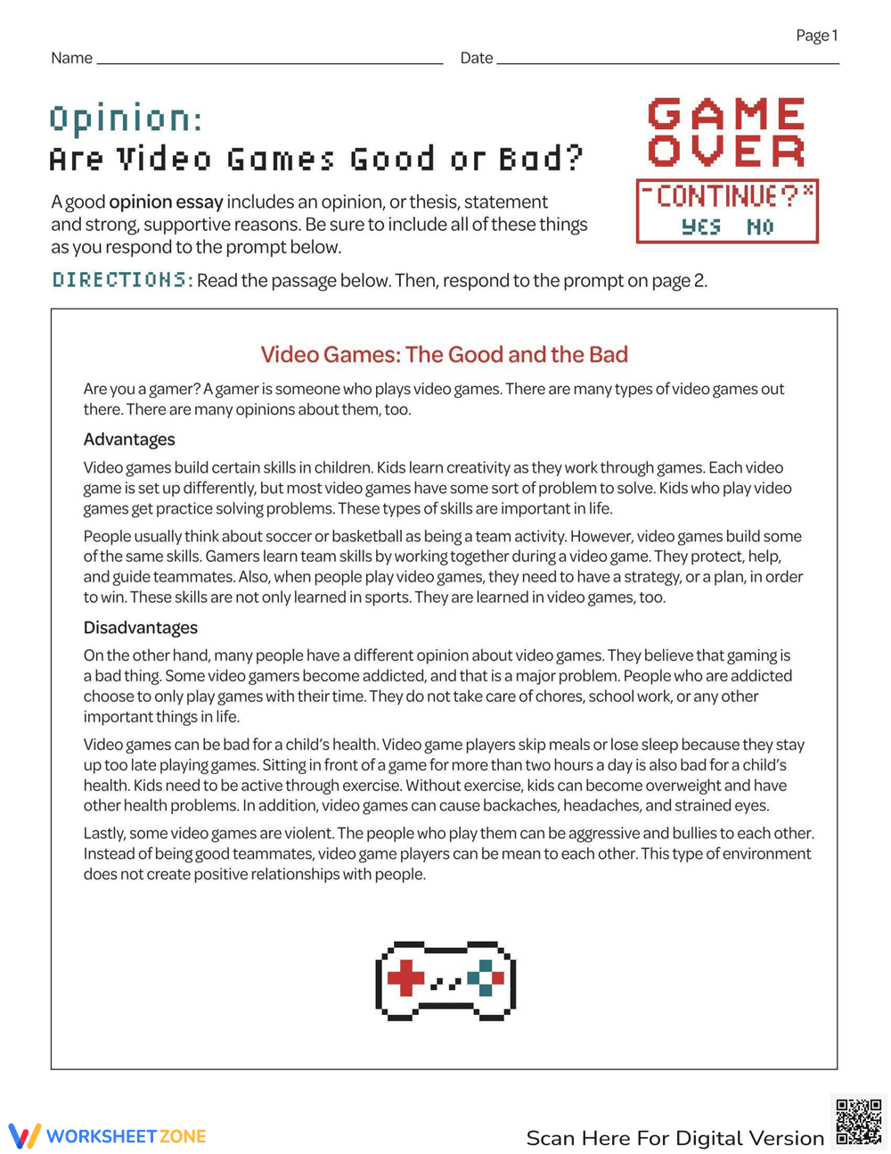 Video Games: Opinion Writing Practice - Page 1