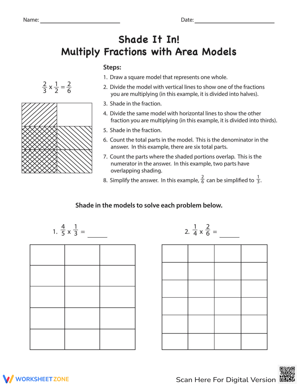 Multiply Fractions with Area Models: Math Worksheet - Page 1