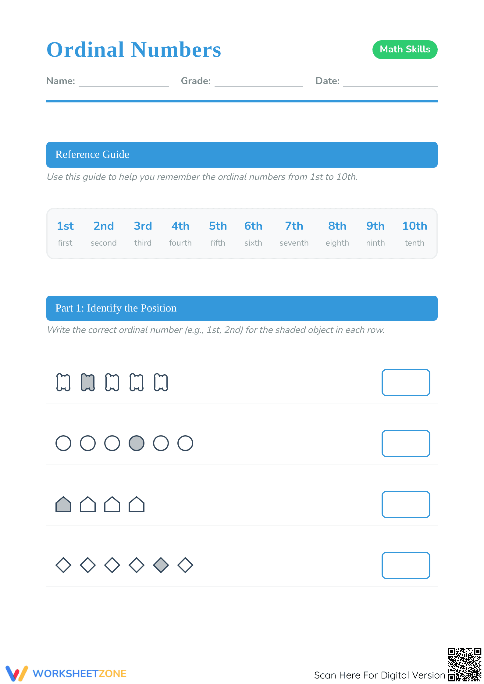 Essential Ordinal Numbers Worksheet | Grade 1 Math - Page 1