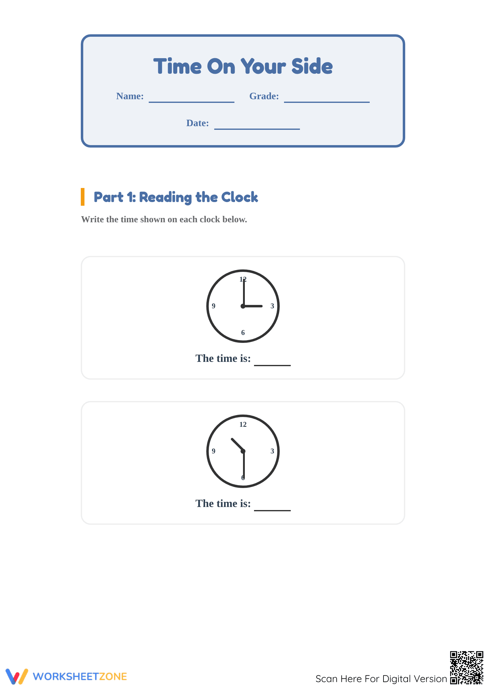 Grade 2 Telling Time — Printable No-Prep Worksheet - Page 1