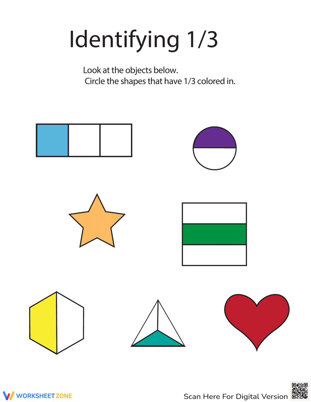 Identifying Fractions: One-Third Math Worksheet - Page 1