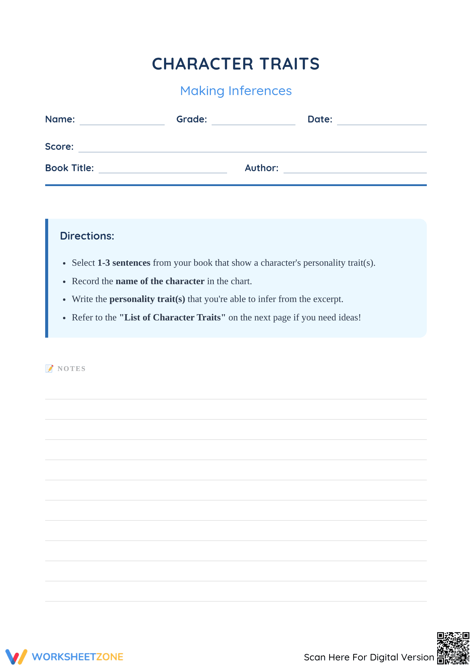 Essential Character Traits Inference Worksheet | Grade 4 - Page 1