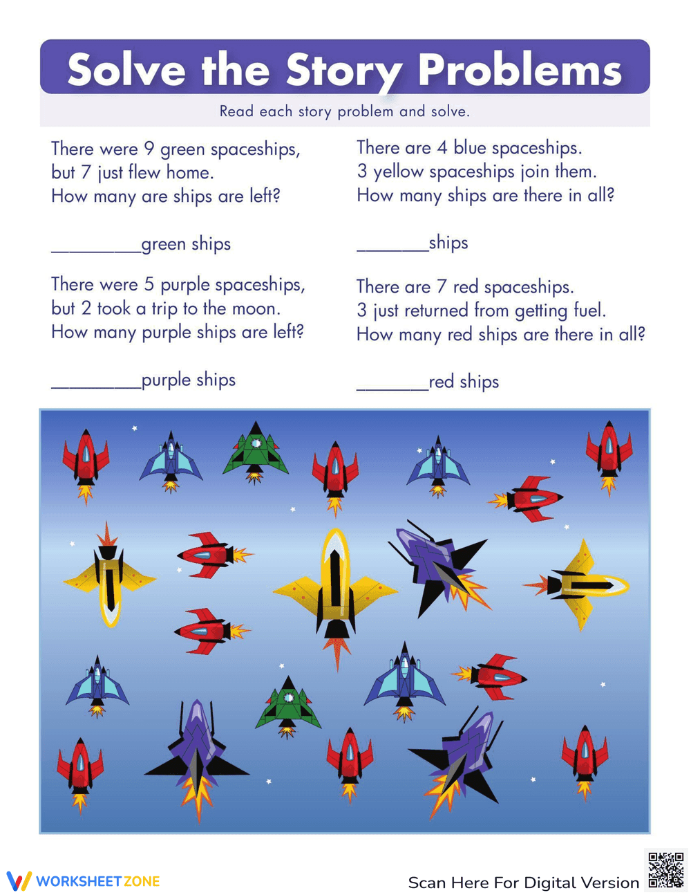 Spaceship Math: Fun Addition and Subtraction Worksheet - Page 1