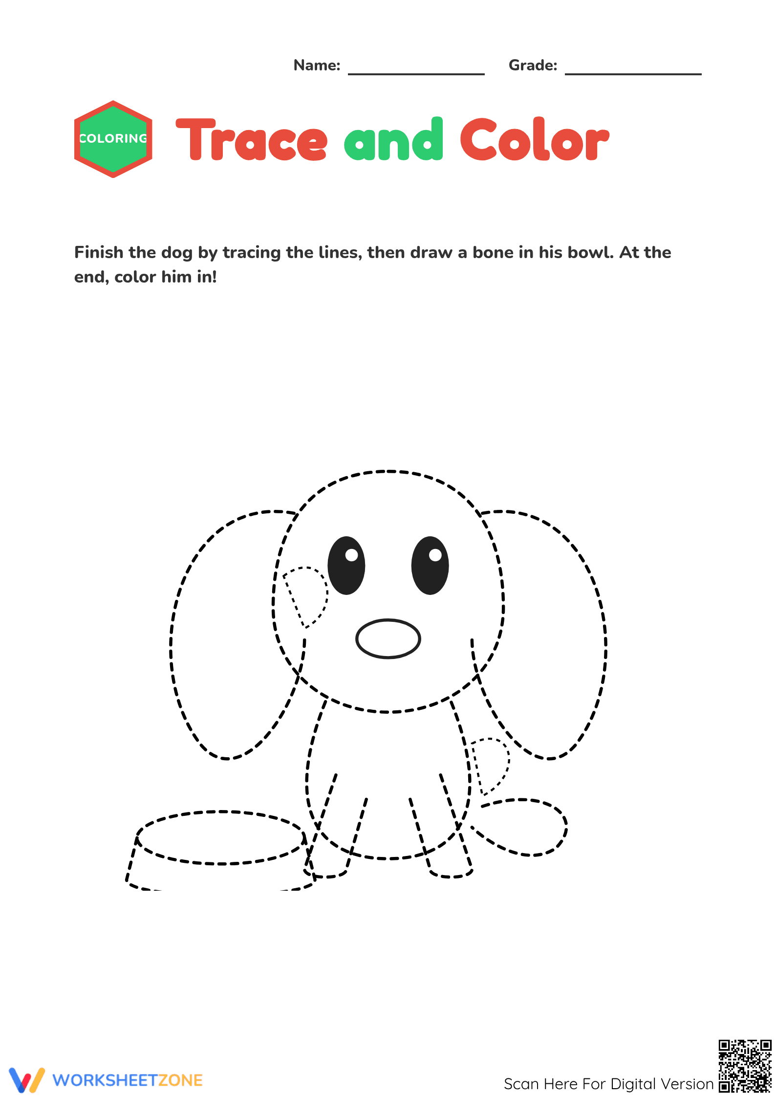 Printable Doggie Trace and Color Worksheet | Preschool ELA - Page 1
