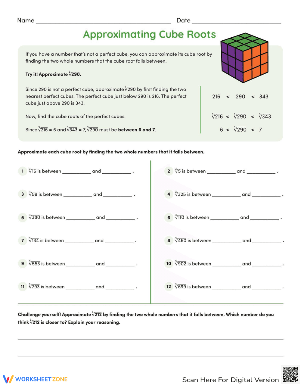 Approximating Cube Roots: Math Worksheet - Page 1