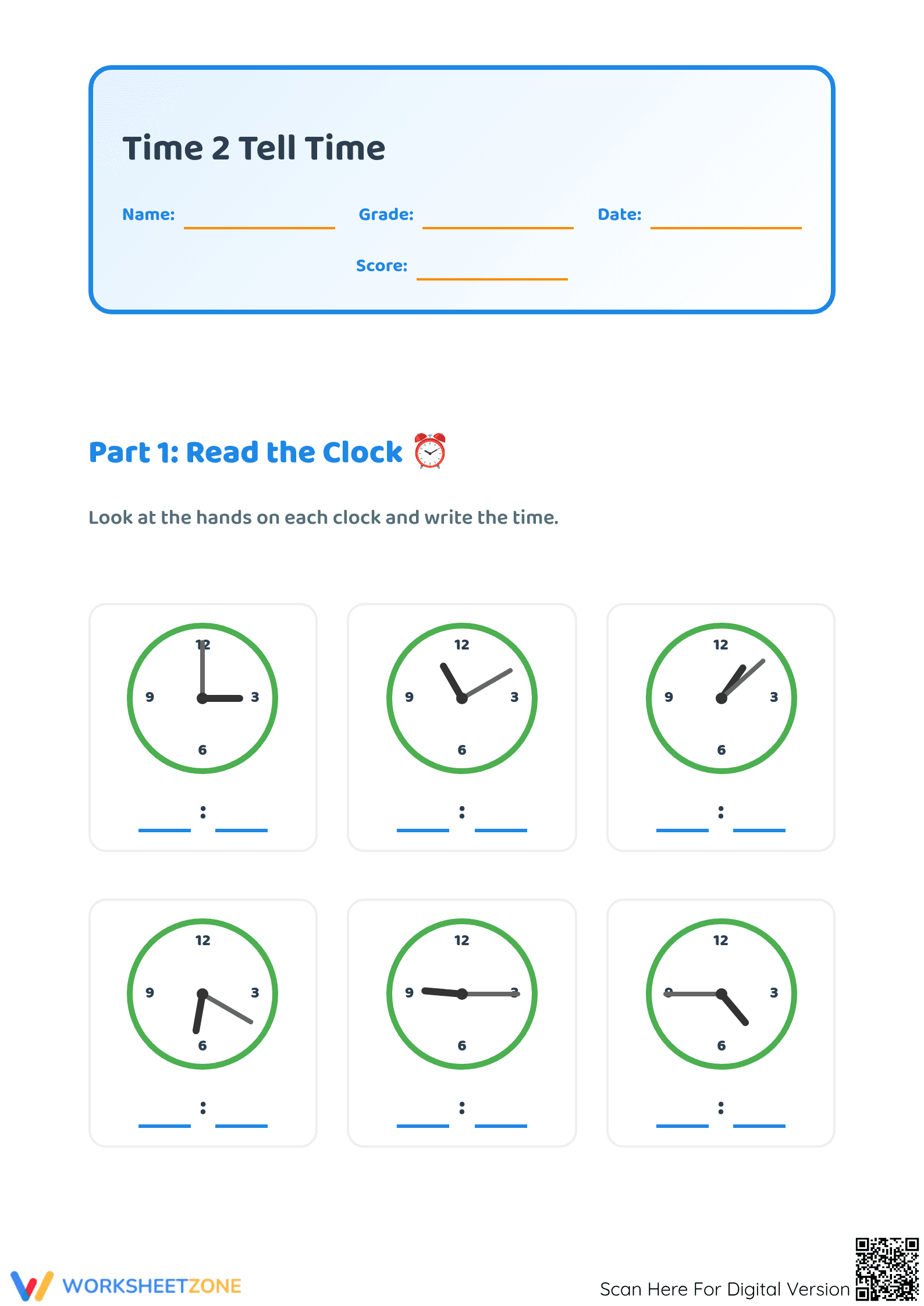 Printable Telling Time to 5 Minutes Worksheet | Grade 2 - Page 1