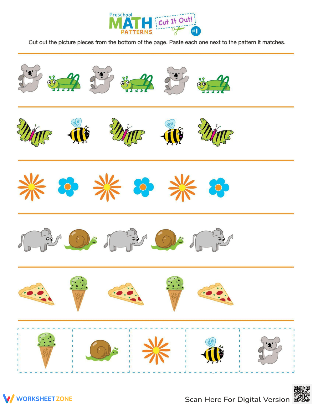 Cut Patterns: Fine Motor Skills Worksheet - Page 1