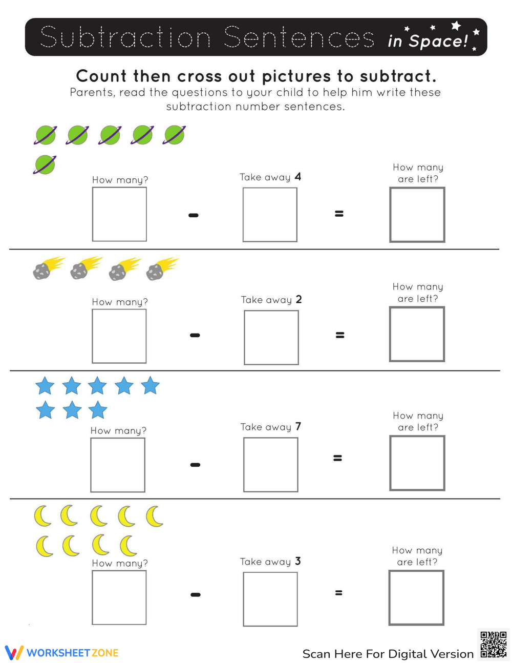 Subtraction Sentences: Math in Space Worksheet - Page 1