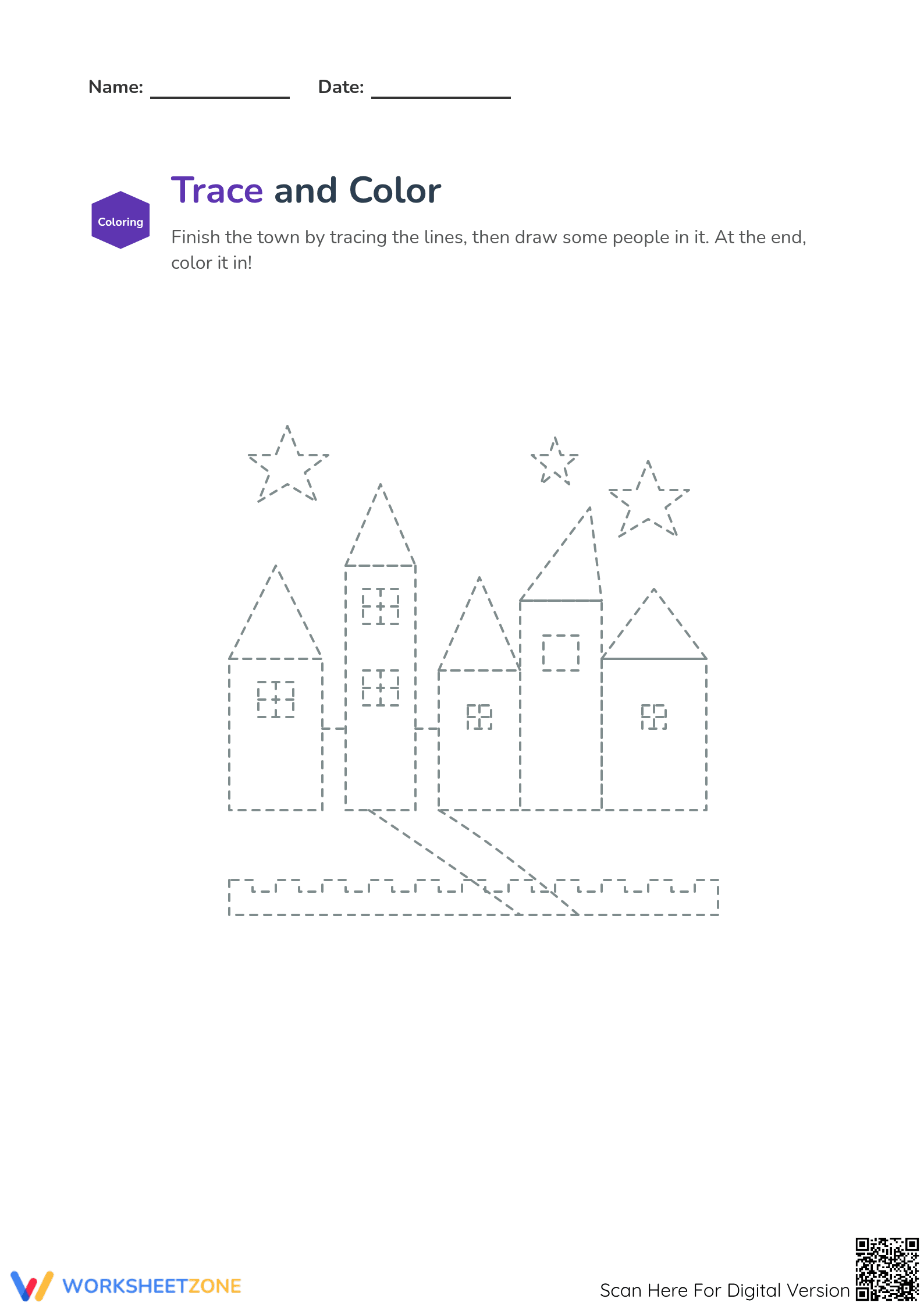 Trace and Color the City | Essential Grade K Worksheet - Page 1