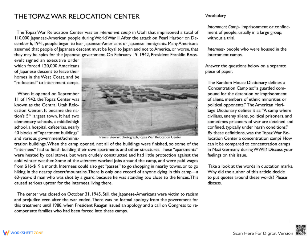Topaz War Relocation Center: History Worksheet - Page 1