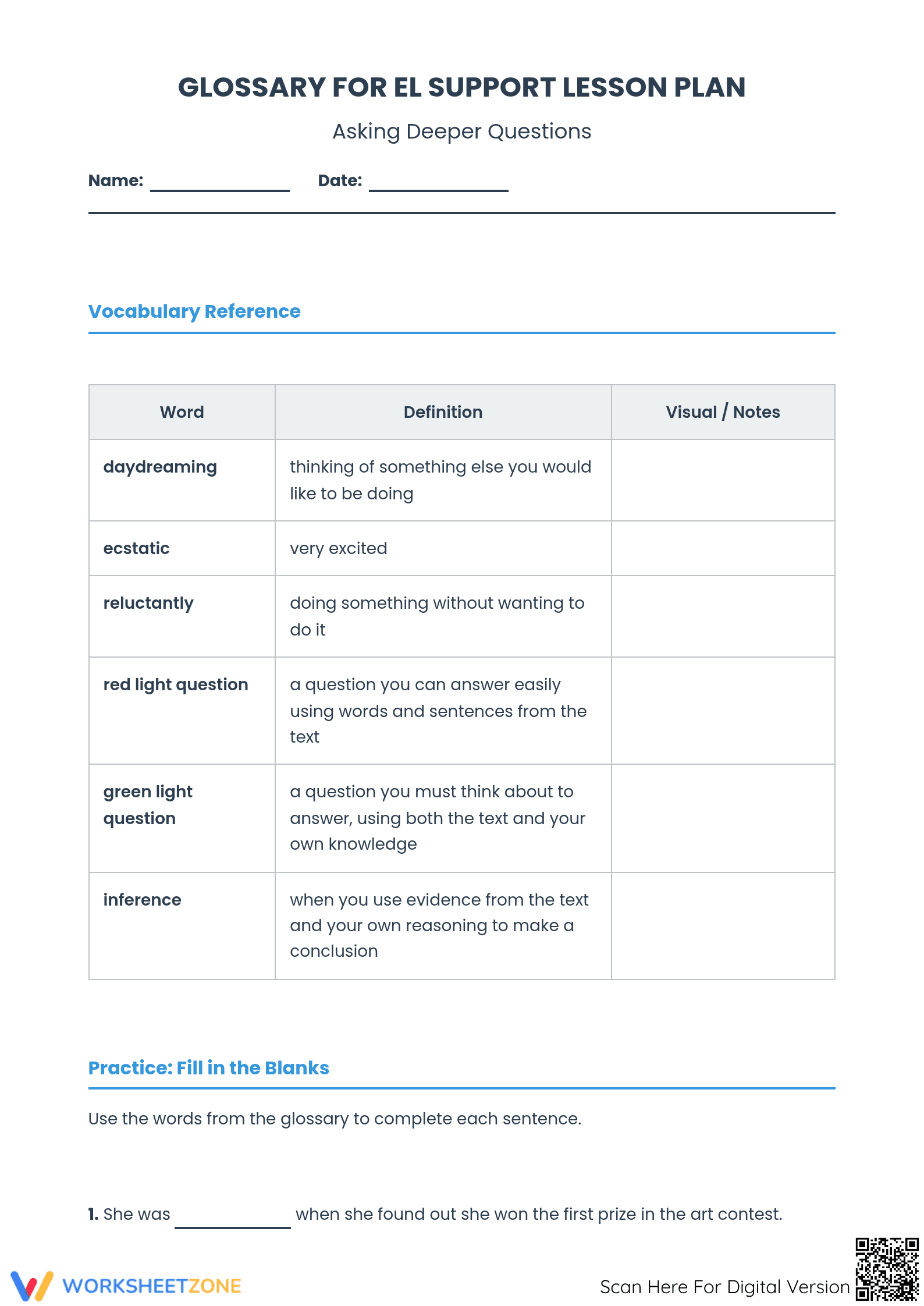 Asking Deeper Questions Worksheet | Grade 4 ELA Printable - Page 1
