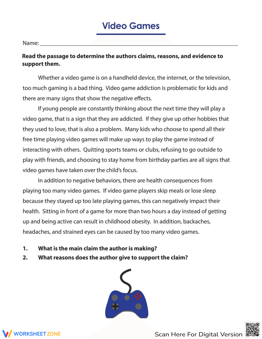 Video Games: Nonfiction Text Worksheet - Page 1