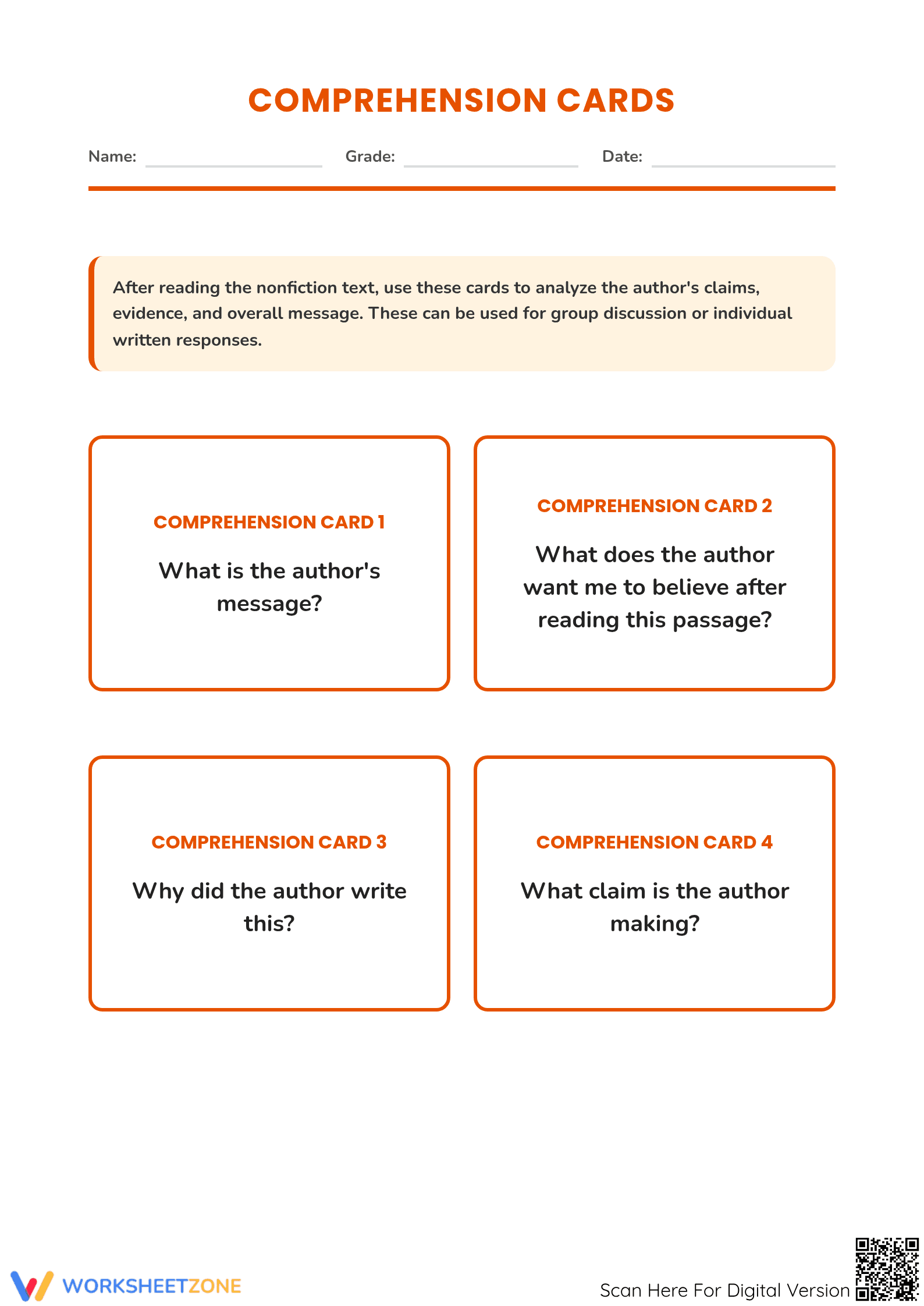 Printable Author's Claim Cards | Grade 5 ELA - Page 1