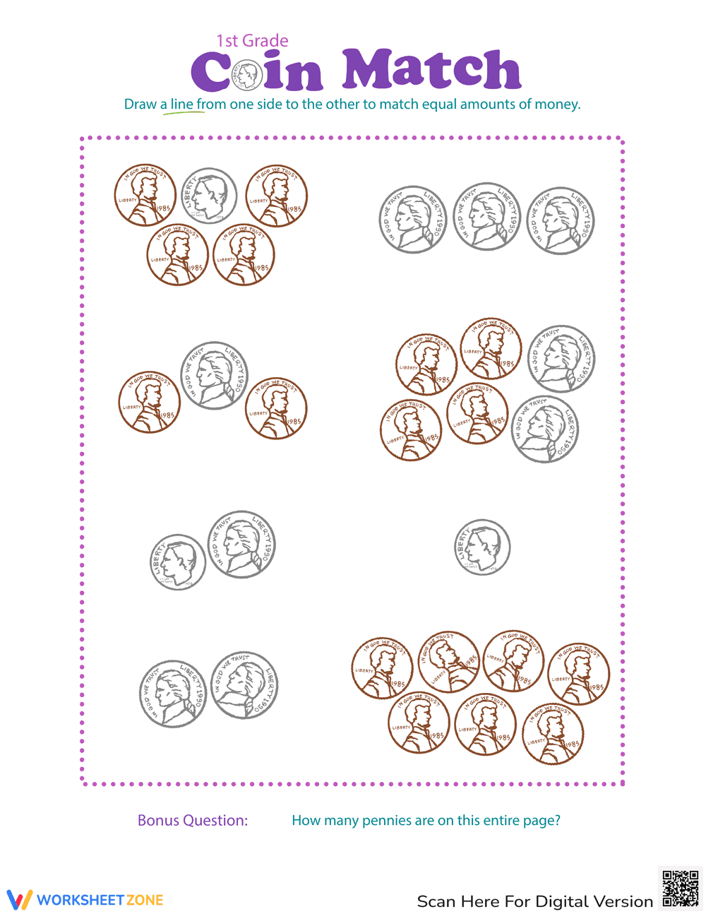 First Grade Coin Match Worksheet - Page 1