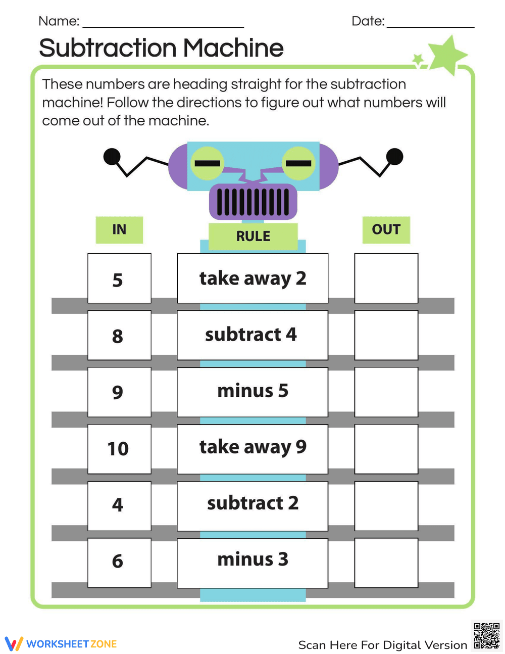 Subtraction Machine Worksheet - Page 1