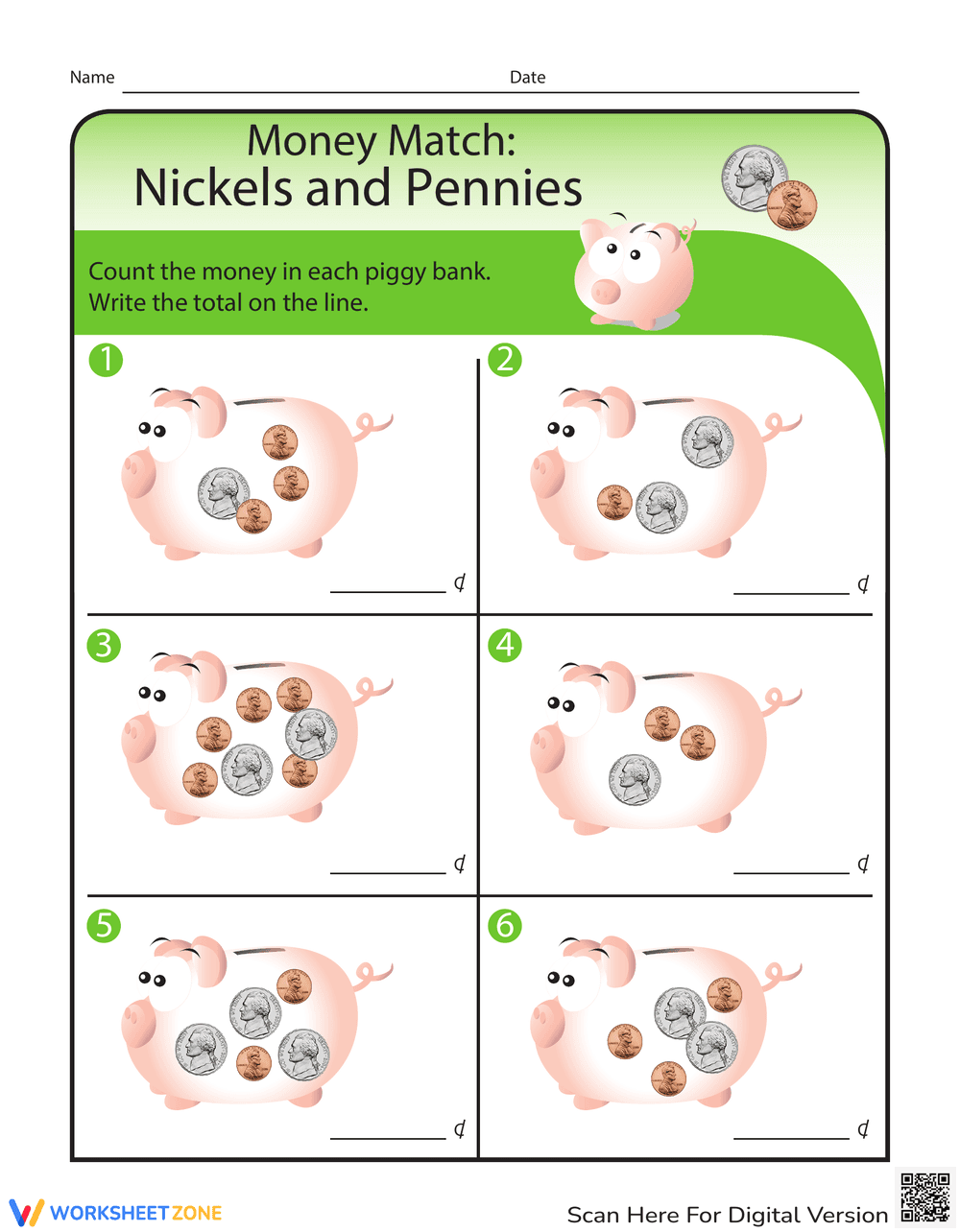 Nickels & Pennies Printable Worksheet | Grade 1 - Page 1