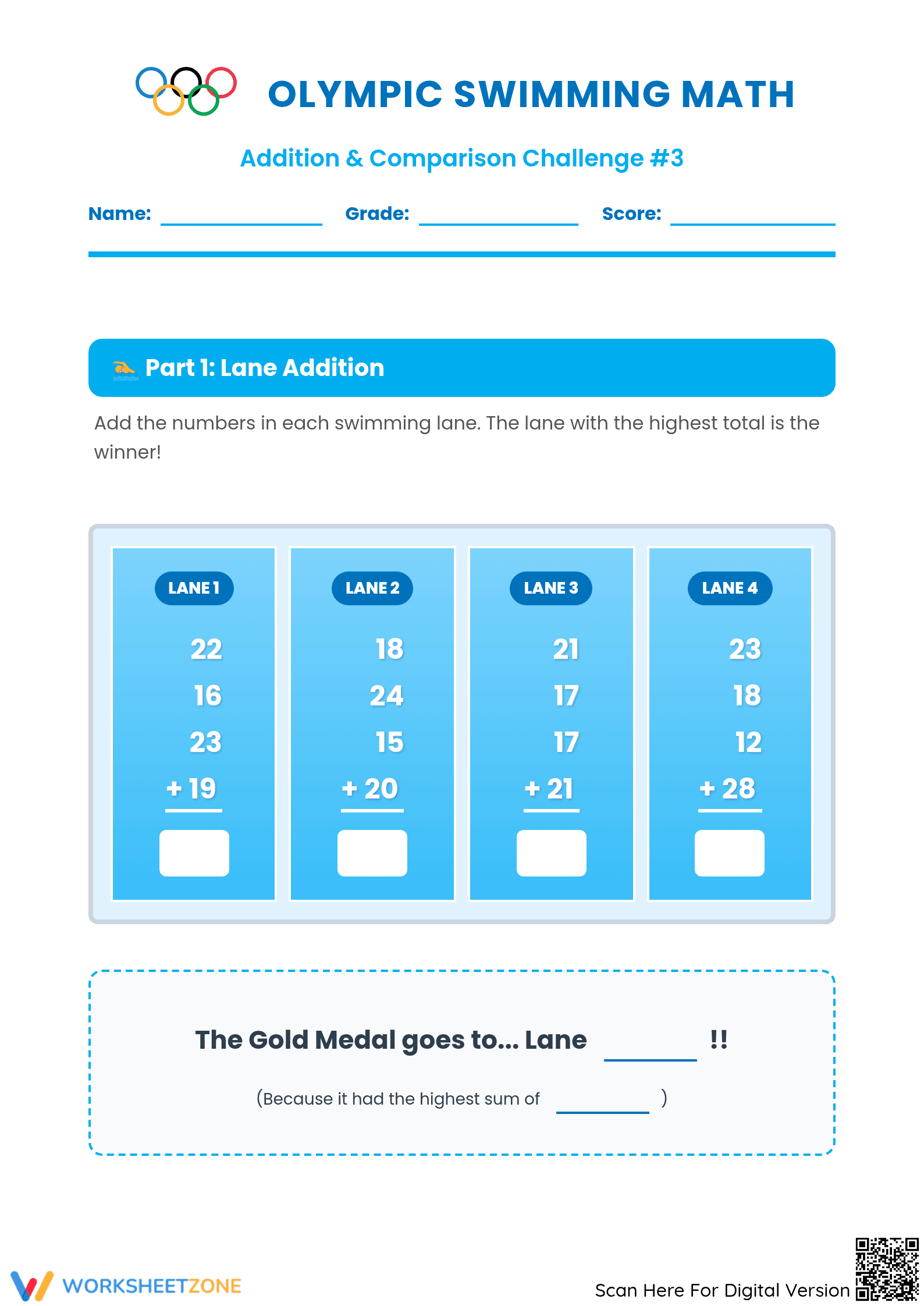 Grade 1 Olympic Addition — Printable No-Prep Worksheet - Page 1
