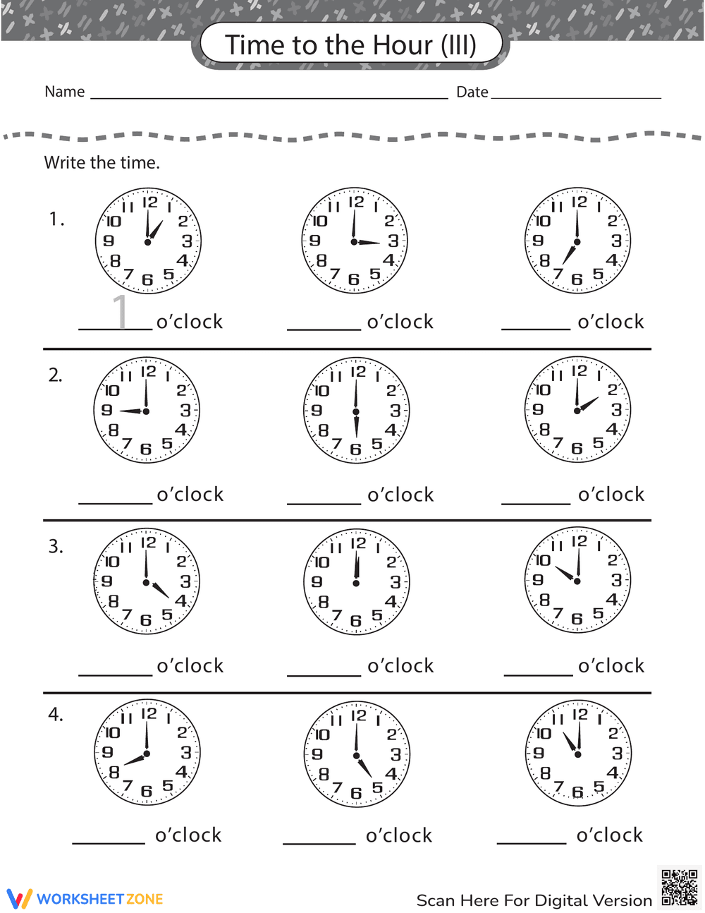 Time Telling Hour Worksheet - Page 1