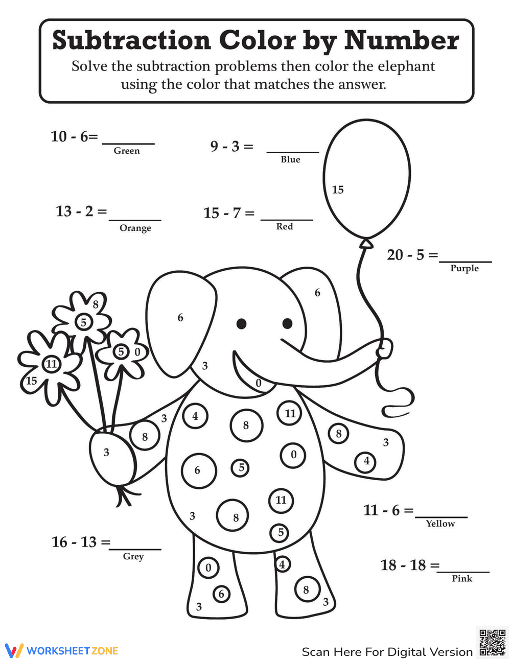 Subtraction Color by Number: Math - Page 1