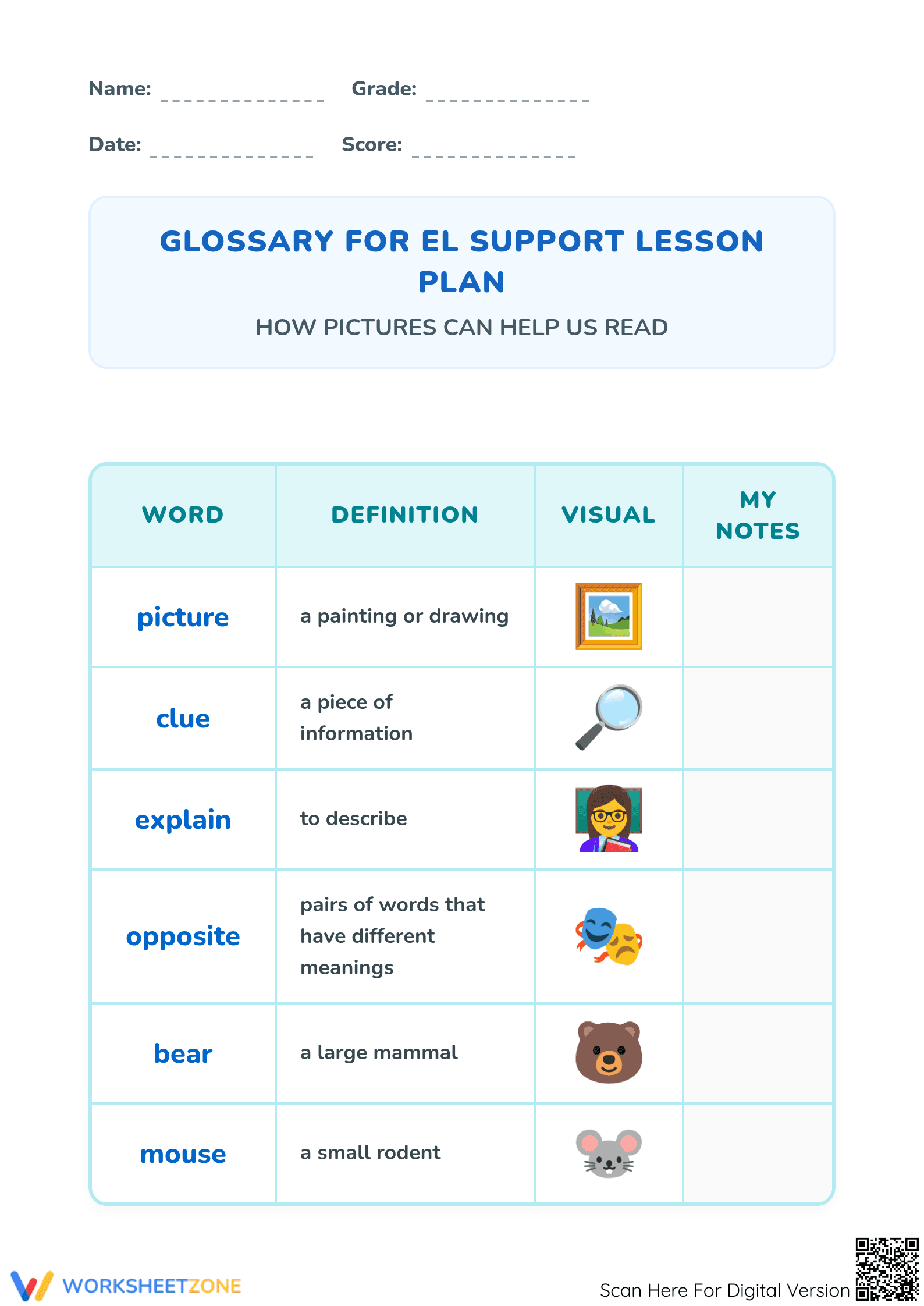 Essential Kindergarten Glossary: How Pictures Help Us Read - Page 1