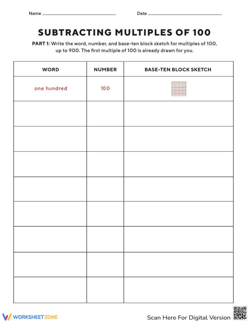 Subtracting Multiples of 100 Worksheet - Page 1