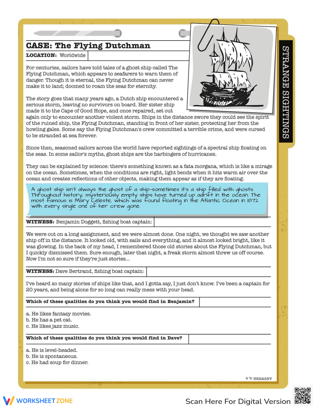 Flying Dutchman Reading Worksheet - Page 1