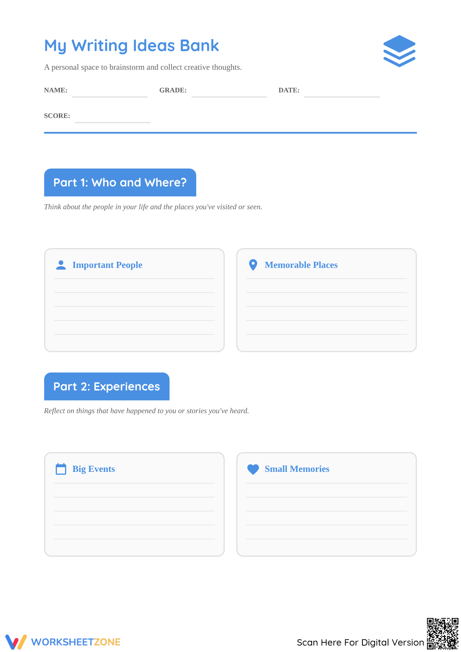 Printable Writing Ideas Bank Worksheet | Grade 4-5 Aligned - Page 1