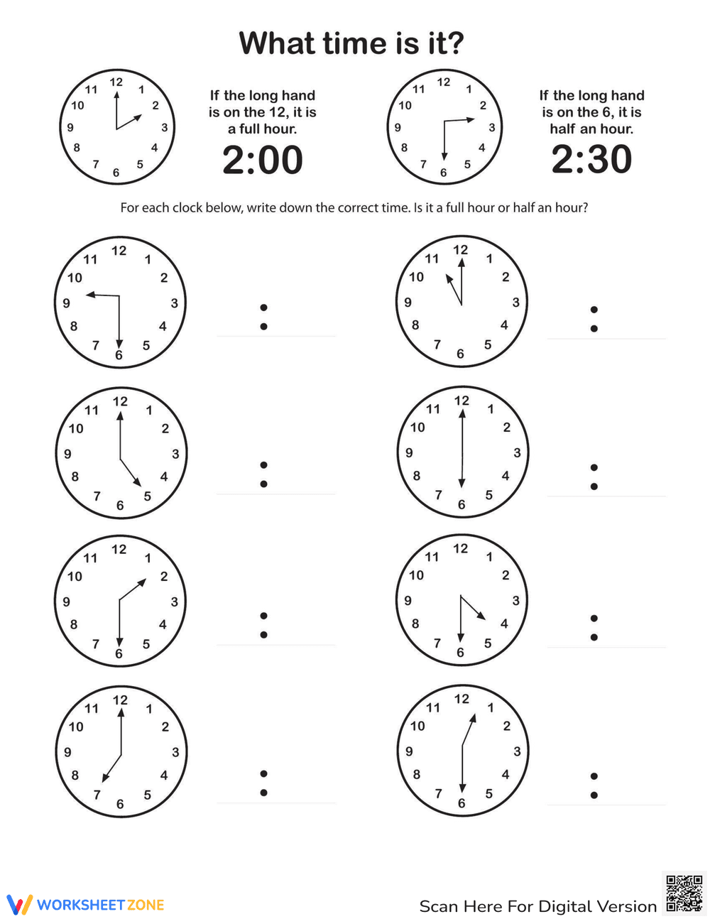 Telling Time: Hour and Half Hour Practice - Page 1