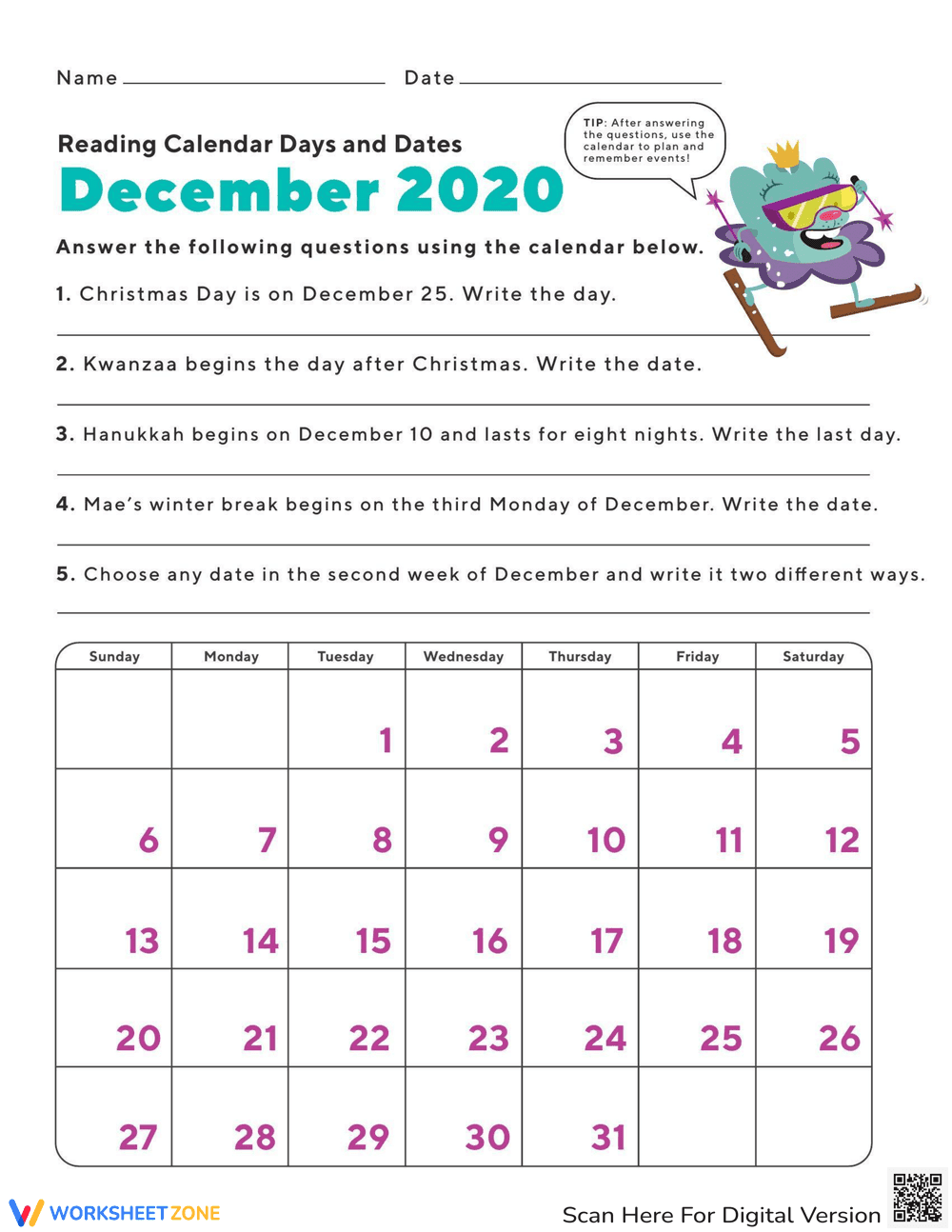 December Calendar Worksheet: Days and Dates Fun - Page 1
