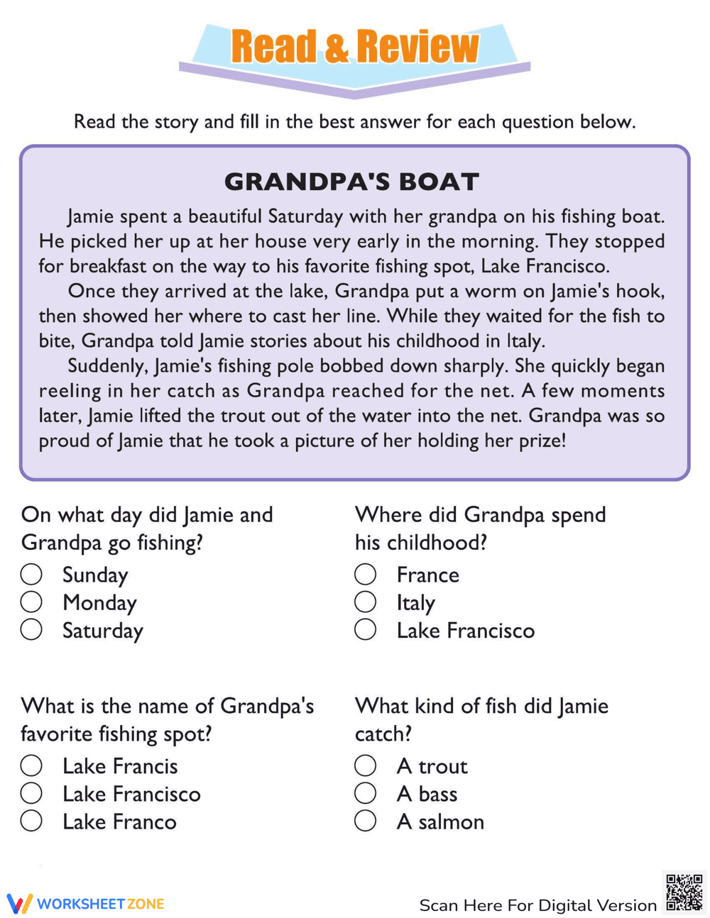 Reading Comprehension: Grandpa's Boat Worksheet - Page 1