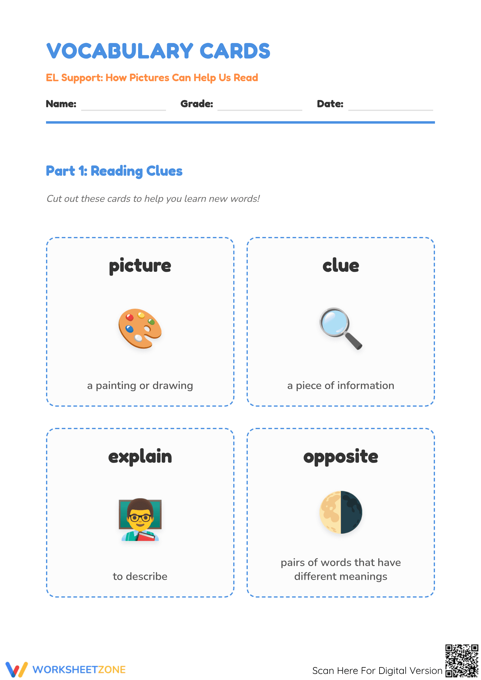 Kindergarten Vocabulary Cards: Essential Reading Clues - Page 1