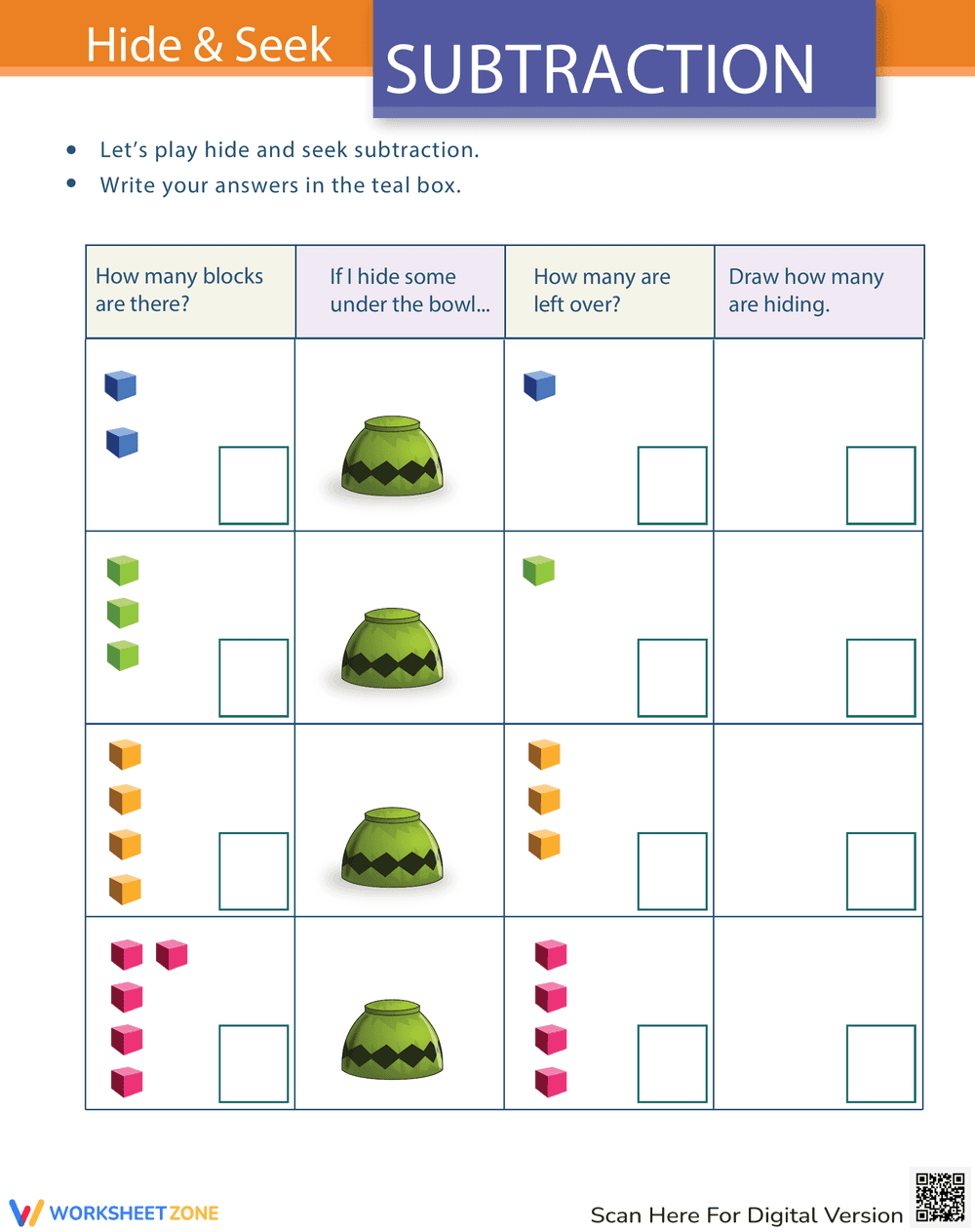 Hide 'n' Seek Subtraction Worksheet: Math Fun - Page 1