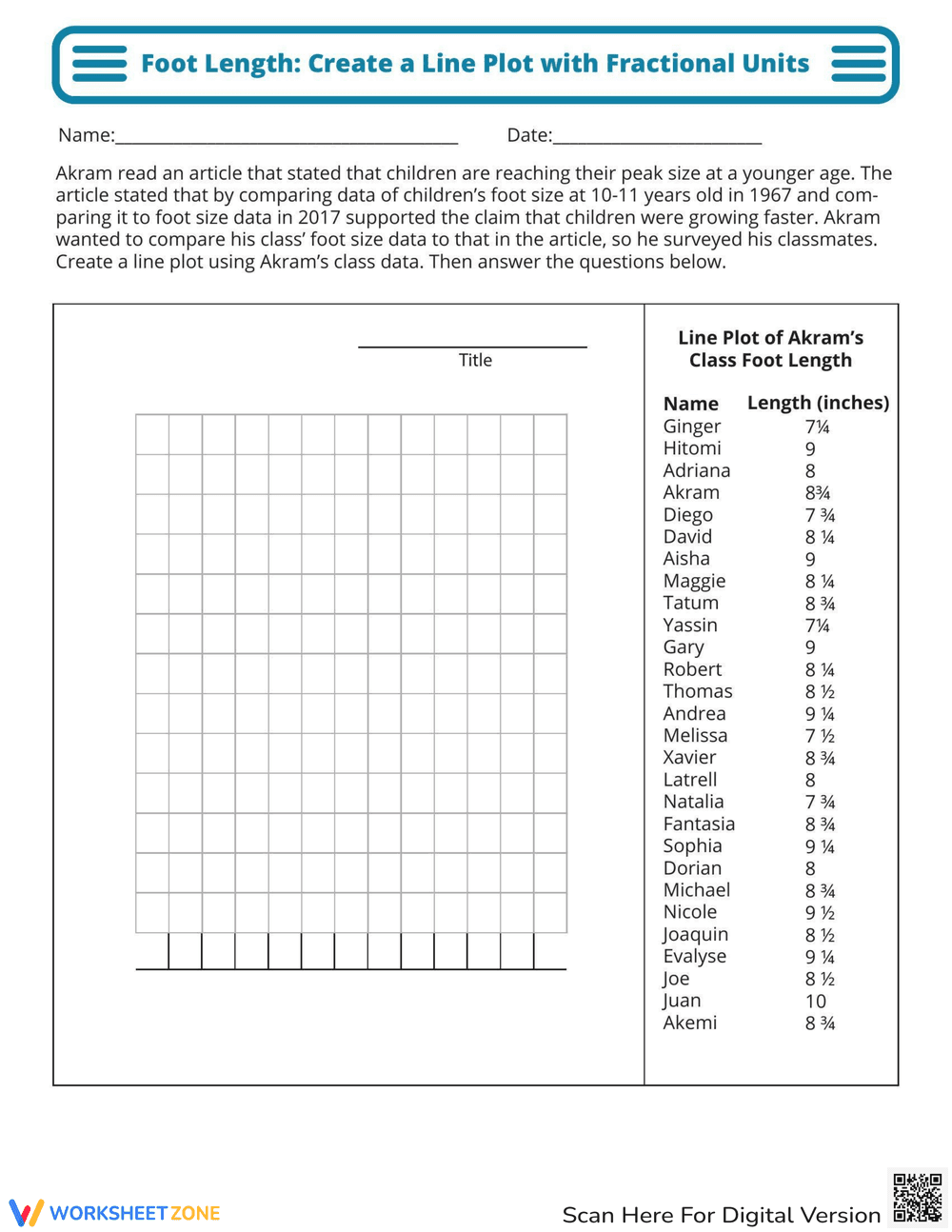 Create a Line Plot with Foot Length Worksheet - Page 1