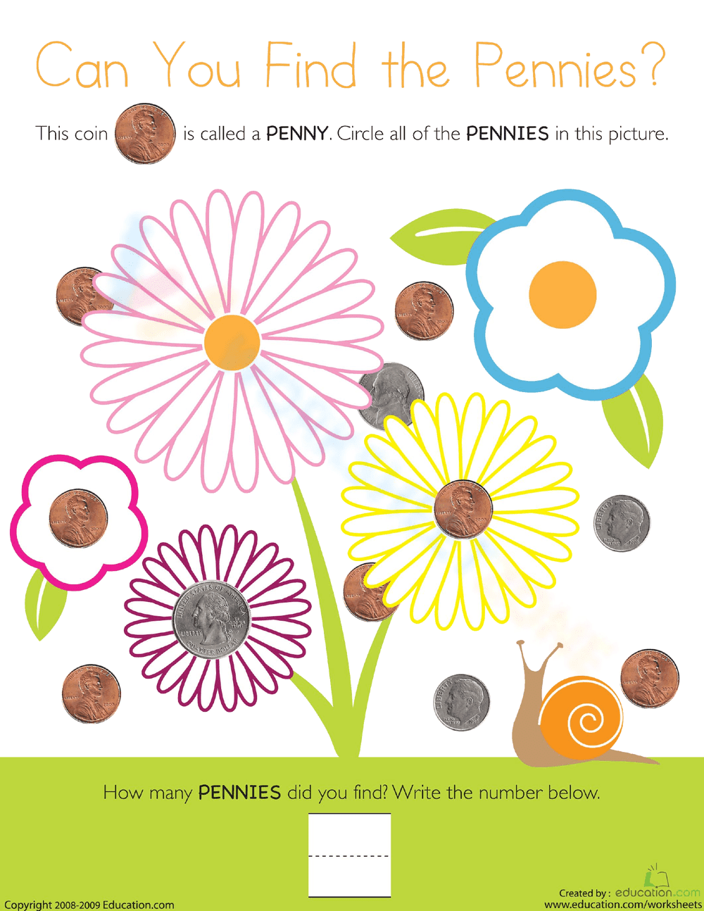 Find and Count Pennies Worksheet for Kids - Page 1