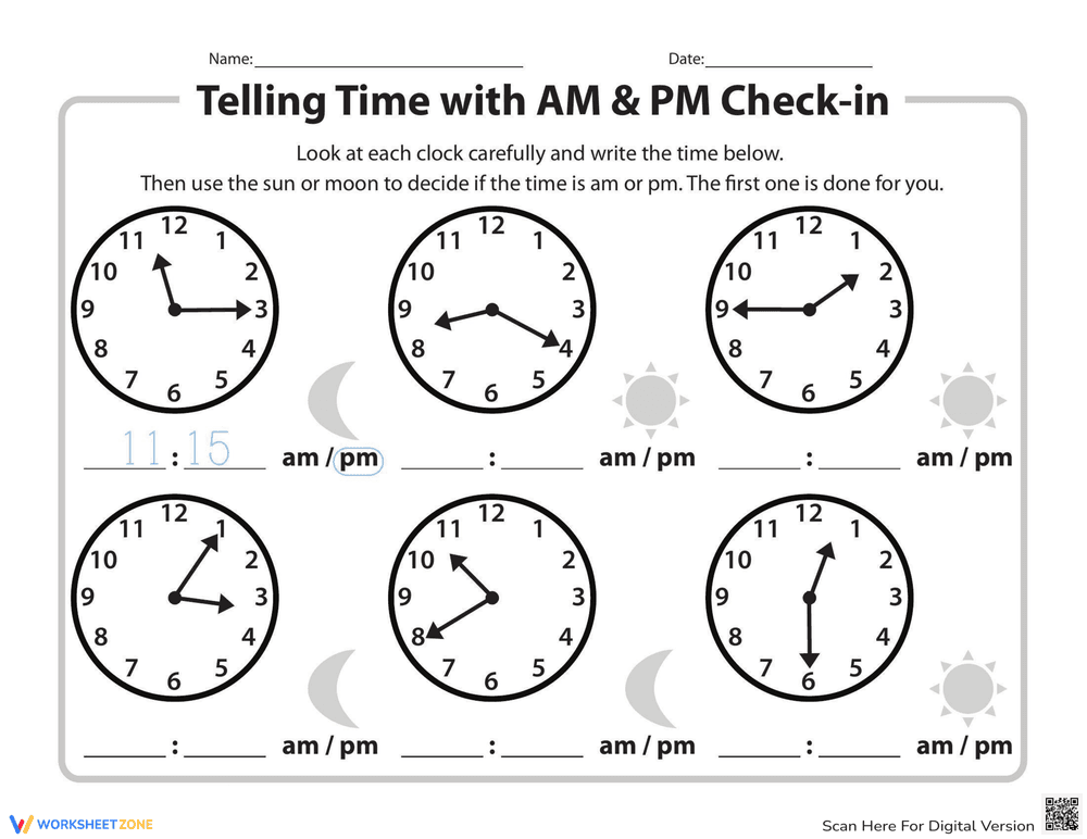 Telling Time with AM and PM Worksheet - Page 1
