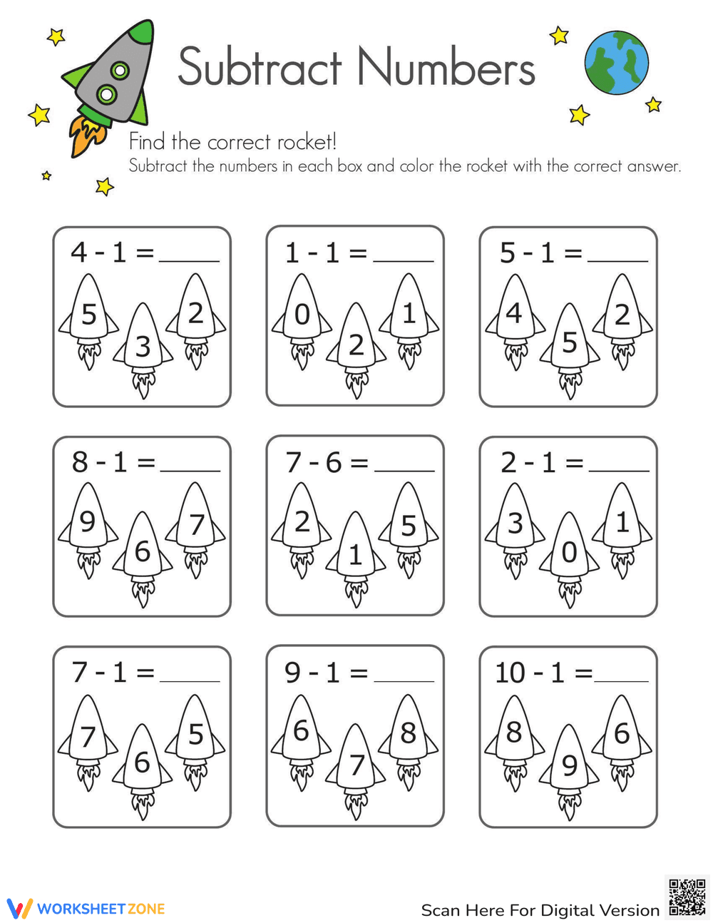 Rocket Subtraction Worksheet - Page 1