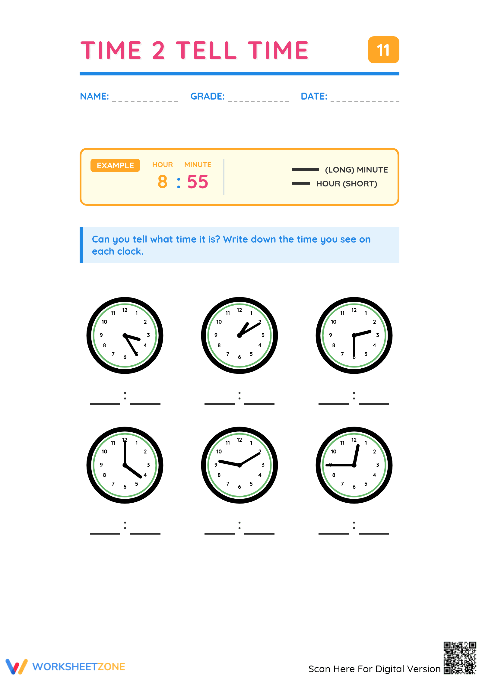 Grade 2 Telling Time — Printable No-Prep Worksheet - Page 1