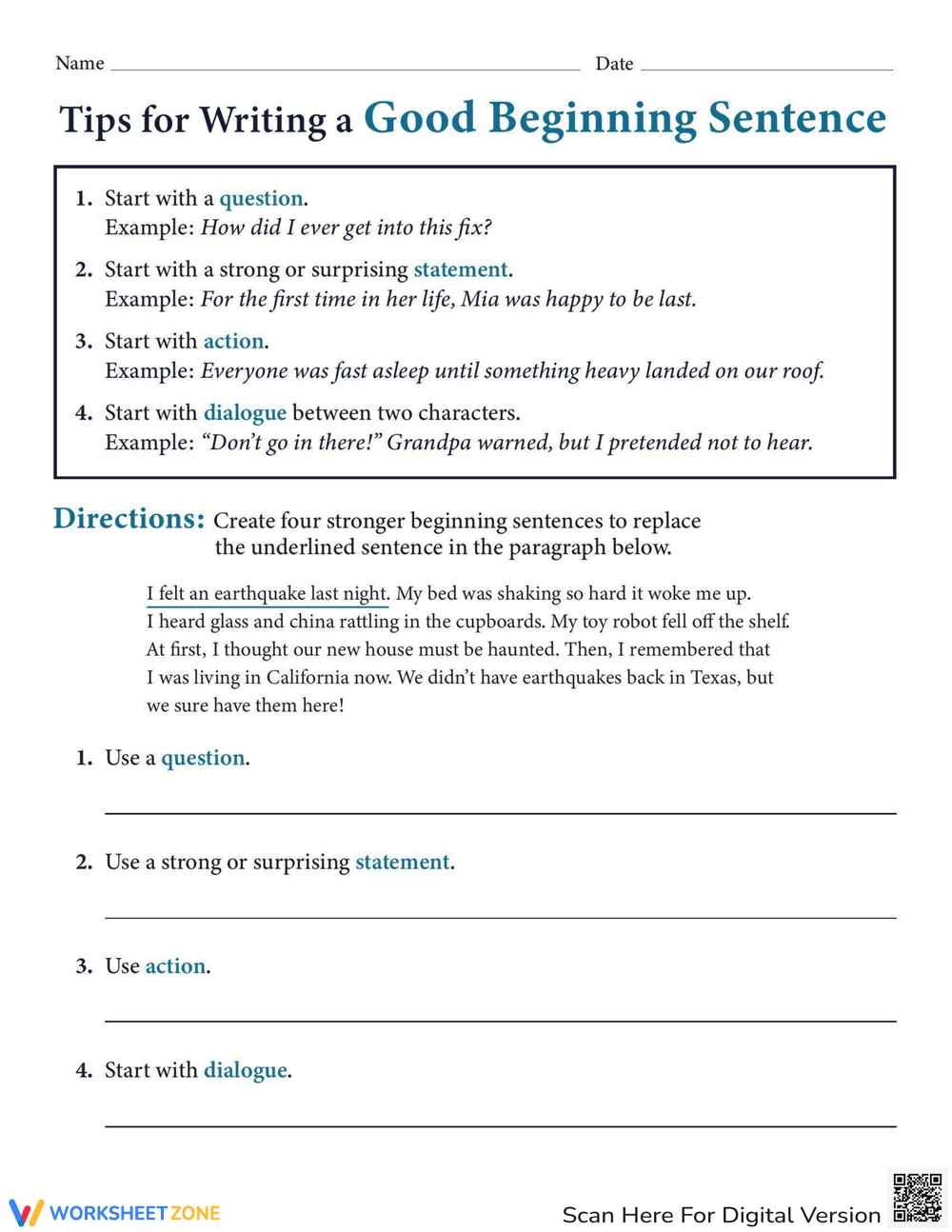 Good Beginning Sentences: A Writing Workshop Worksheet - Page 1