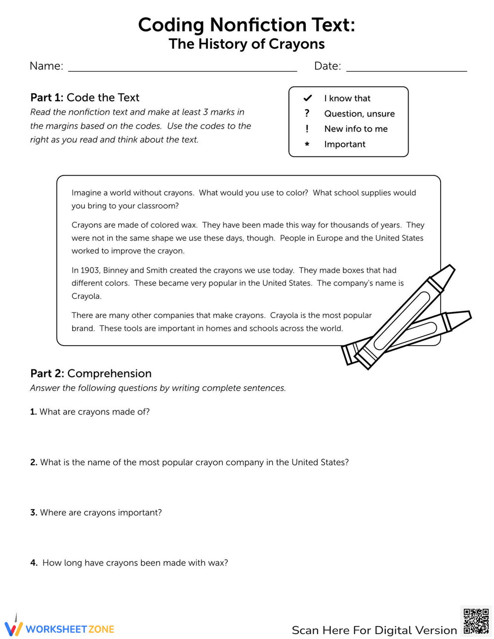 Coding Nonfiction Text: The History of Crayons - Page 1